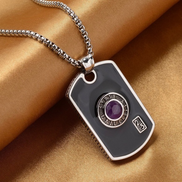 💜NWOT💜 Unisex Genuine Amethyst Dog Tag Necklace With 24” Chain - Picture 2 of 4